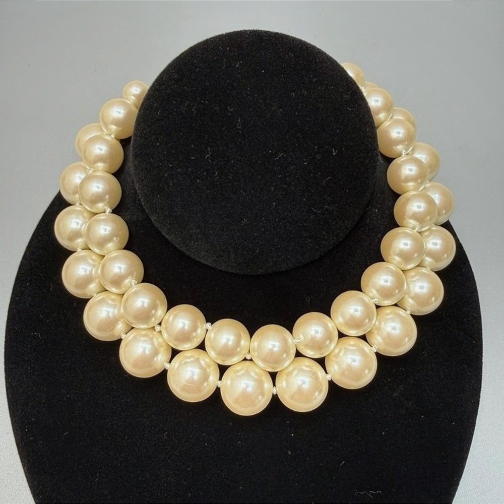 Vintage Carol Lee Chunky Big Faux Pearl Choker Necklace 13" 2 Strand Adjustable